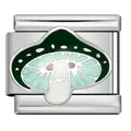 Close-up detail of stainless steel Italian charm link with green mushroom enamel design - Dark Green Mushroom Style (ICJ3534)