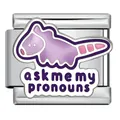 Makroansicht eines italienischen Charm-Glieds aus Edelstahl mit lila Tier und Pronomen-Text - Waschbär ask me my pronouns(ICJ3475)