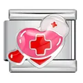 Detailed view of medical themed heart nurse charm link made of stainless steel - ICJ3532 (Nurse Hat & Heart)