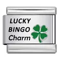 Close-up of stainless steel Italian charm link with green clover and Lucky Bingo text - LUCKY BINGO Style (ICK1514)
