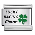 Minimalist stainless steel Italian charm with green clover and Lucky Racing engraving - LUCKY RACING Style (ICK1522)