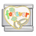 Stainless steel Italian charm link with rainbow 'Forever' heart and wedding rings - Rainbow FOREVER Ring Style (ICJ2311)