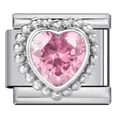 Charm italiano in acciaio inossidabile con zircone a cuore rosa e bordo perlato elegante - Cuore Rosa (ICJ1478-4)