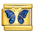 Gouden roestvrijstalen Italiaanse charm met blauwe glittervlinder - Blauwe Glittervlinder Stijl (ICJ491-2)