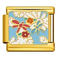 Detailed macro view of a gold stainless steel modular bracelet charm with floral enamel. - Dragonfly and Floral Pattern(ICJ534-2) / Gold