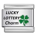 Silver stainless steel Italian charm link featuring green clover and Lucky Lottery text - LUCKY LOTTERY Style (ICK1520)