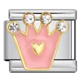 Rosa Emaille Krone Charm Link für italienisches Modularmband mit Herz und funkelnden Steinen - Strass Rosa Krone Stil (ICJ1670) / 1 Stück