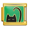 Close-up of a gold Italian charm featuring a cute black cat on a green enamel background - Simple Black Cat Pattern(ICJ300-2) / Gold