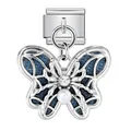 Nahaufnahme eines silbernen Schmetterlings-Charms mit blauen Denim-Flügeln und Perle. - Blauer Denim Schmetterling Künstliche Perle (ICG738-6)