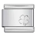 Minimalist stainless steel Italian charm link with engraved lucky four-leaf clover motif - Realistic Etched Lines (ICY915)
