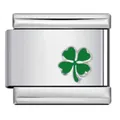 Italian modular charm link featuring a green four-leaf clover design in stainless steel - Green Enamel Filling (ICY915-8)
