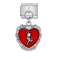 Edelstahl Italienisches Charm-Glied mit rotem Herzanhänger und silbernem Rosendetail - Rote Basis Herz Rose (ICG741-1)