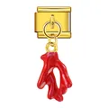 Gold stainless steel modular Italian charm link featuring a red coral pendant charm - Gold Red Coral (ICG746-2)