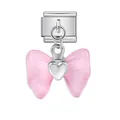 Abalorio modular italiano de acero con lazo rosa y colgante de corazón - Estilo de Corazón de Mariposa Rosa Plateada (ICG806)