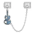 Italian silver stainless steel modular charm featuring blue denim guitar with stars - Blue Denim Star Guitar With Safety Chain (ICG738-7)