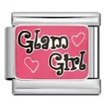 Stainless steel Italian modular bracelet charm with pink Glam Girl enamel and heart design - Glam Girl Lettering Style (ICJ338-1) / 1 Piece