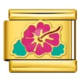 Italian modular bracelet charm gold plated stainless steel with pink hibiscus flower enamel design - Pink Hibiscus Flower Pattern(ICJ167-2) / Gold