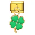 Detail view of a green enamel four-leaf clover charm on a gold Italian modular link - Fruit Green Clover (ICG697-8)