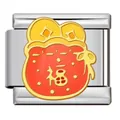 Stainless steel modular charm featuring a traditional red enamel Chinese lucky bag design - Fortune Bag (J2884)