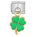Detailed green four-leaf clover pendant on a stainless steel Italian modular bracelet link - Fruit Green Clover (ICG697-4)
