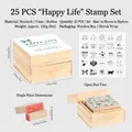 Complete 25pcs wooden stamp set for DIY journaling and diary decoration in wooden box - 25 Pieces/Pack / 5# 25 Pieces Green Happy Life Style