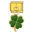 Gold stainless steel Italian charm link featuring a green enamel four-leaf clover pendant - Green Clover (ICG697-6)