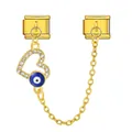 Gold Evil Eye Italian charm link with crystal heart and safety chain for DIY bracelets - Heart Style (ICG580-6) / Gold