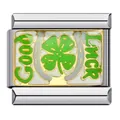 Stainless steel Italian modular charm link featuring green four-leaf clover and Good Luck text - Good Luck Clover (ICJ270)