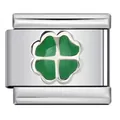 Stainless steel Italian modular bracelet link featuring a green four-leaf clover charm - Green Clover (ICY687)