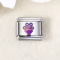 Italienischer Edelstahl-Modul-Charm mit lila-blauem laser-graviertem Blumentopf-Motiv - Blumentopf-Bouquet (ICZK467)