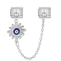 Italienischer Charm-Link aus Edelstahl mit Teufelsauge und einer Sicherheitskette - Silber Sonnenblumen Stil (ICG580-13)