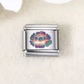 Italienisches Charm-Glied aus Edelstahl mit einem bunten, lasergravierten Blumenmuster - Irisierende Blume (ICZK1077)
