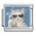 Close-up of cat with rhinestone sunglasses on stainless steel Italian charm link - Cat Making a Call (JCAA0119-1) / Silver