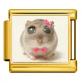 Detailed view of a gold Italian charm link featuring a cute big-eyed hamster with pink bows. - Hamster with Bow (JCAA0111-2) / Gold