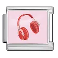 Vista dettagliata di una maglia per bracciale italiano rosa con icona cuffie rosse. - Stile Cuffie (ICP-JCAA0062-1)