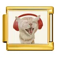 Detailed macro shot of a golden Italian charm link featuring a cat with headphones. - Orange Cat with Red Headphones (JCAA0070-1) / Silver