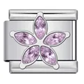 Macro detailed view of Italian charm link featuring a pink crystal five-petal flower design - Silver Pink Rhinestone Flower Style (ICJ3238-3) / 1 Piece / Silver