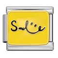 Dettaglio di una maglia per bracciale italiano con smalto giallo e motivo Smile. - Stile con Testo Smile Argento (ICJ3223)