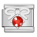 Macro view of polished stainless steel Italian charm featuring a red rhinestone bow. - Silver Red Rhinestone Bow Style (ICJ3242-3) / 1 Piece / Silver
