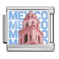 Detail of stainless steel Italian charm link featuring a pink Mexico landmark tower. - Mexico Cathedral (ICP-JCAA0075-1)