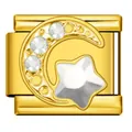Macro view of gold Italian charm with rhinestone moon and star detail - Golden Rhinestone Moon and Star (ICJ3234) / 1 Piece