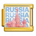 Detail view of gold-tone Italian charm link with pink Russia St. Basil's Cathedral design. - Russia (ICP-JCAA0080-2)