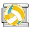 Maglia charm italiana in acciaio inox con design a pallavolo smaltato giallo e blu per DIY - Stile con Motivo Pallavolo Argento (ICJ3202)
