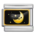 Charm modulare italiano in acciaio inossidabile con smalto luna e stelle in nero e oro - Base Argento Stile Luna Sorridente e Stelle Nero e Oro (ICP-YC342-25SD)