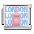 Italian modular charm link with pink London Big Ben and blue text on stainless steel - London (ICP-JCAA0077-1)
