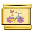 Gold stainless steel Italian charm link with colorful bicycle and butterfly illustration - Blue Bicycle Style (ICP-YCAA0069-2) / Gold Base