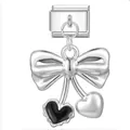 Charm italiano de acero inoxidable con lazo plateado y colgante de corazón negro para pulsera - Estilo de Colgante de Lazo de Doble Corazón (ICG538-1)