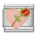 Italienischer Modul-Charm aus Edelstahl mit glitzerndem rosa Herz und roter Rose - Glitzer Herz Rosen Stil (ICJ576)