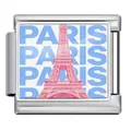 Vista dettagliata di un charm italiano con Torre Eiffel rosa e scritte Paris a contrasto - Parigi (ICP-JCAA0071-1) / Argento