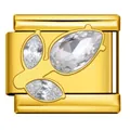 Gold stainless steel Italian charm link featuring a three-stone leaf design with clear crystals - Golden Leaf Style (ICJ3240) / 1 Piece